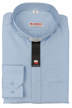 Koszula kapłańska SLIM, rękaw długi z mankietem na giziki. Tkanina OXFORD 70% bawełny w kolorze niebieskim.